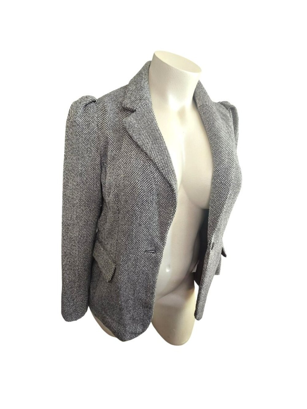 Womens Herringbone Blazer Size 16 Black White Button Front Puff Shoulders JJ4425